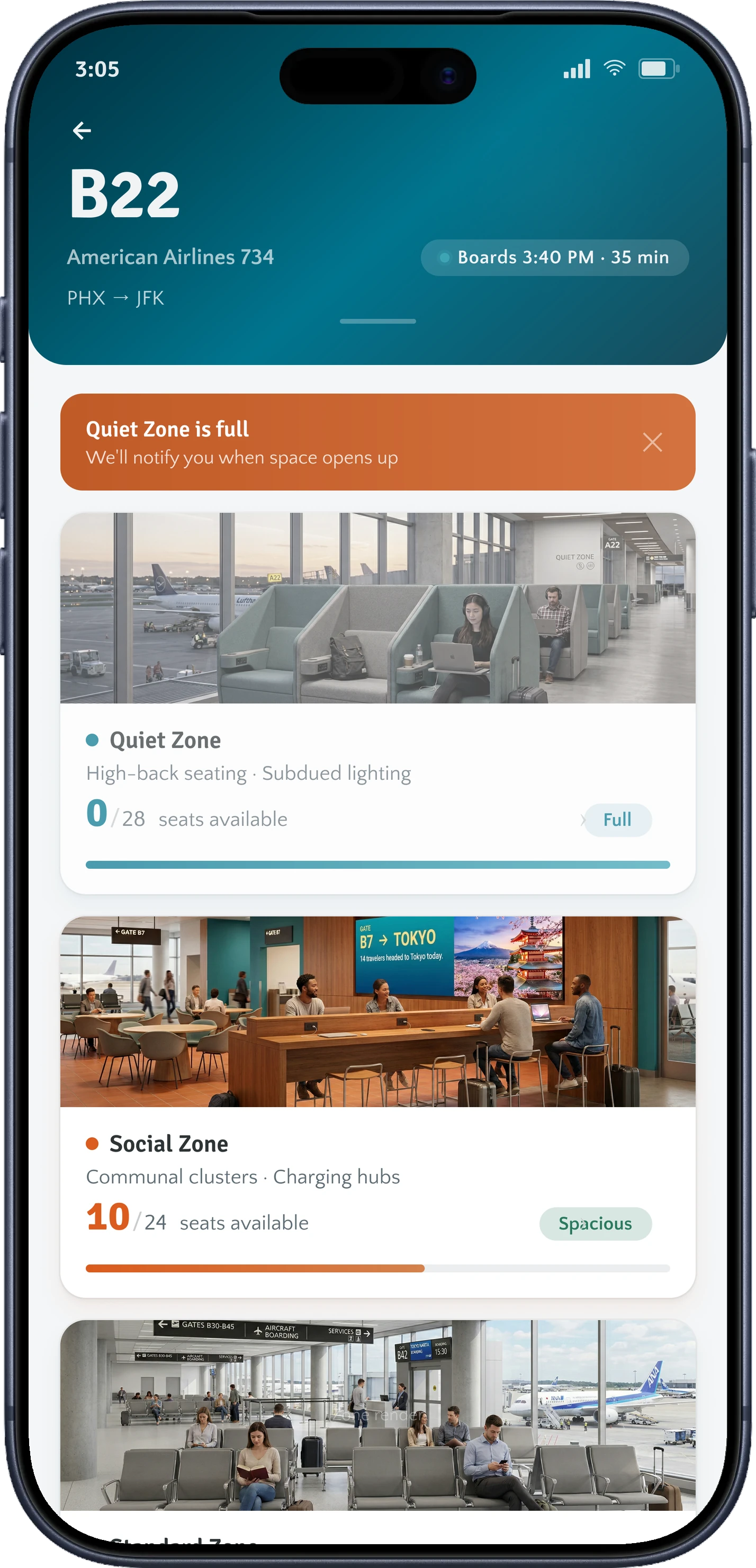 Gate B22 overview with a Quiet Zone is full banner offering to notify the traveler, above live counts for the Social and Standard zones